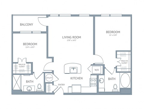 Floor plan for 2 beds, 2 baths, 952 sqft